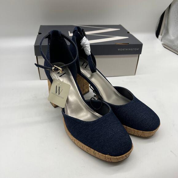 Worthington Womens Panama Block Heel Pumps Denim Size 9.5M - Picture 1 of 9